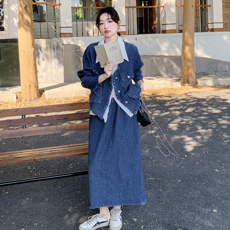 温柔穿搭打底衬衫宽松牛仔短外套显瘦气质半身裙三件套女春秋新款