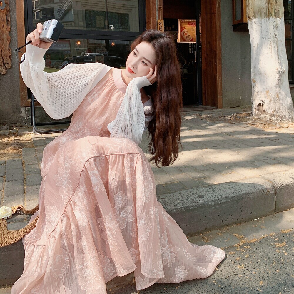披肩开衫碎花无袖吊带裙套装女