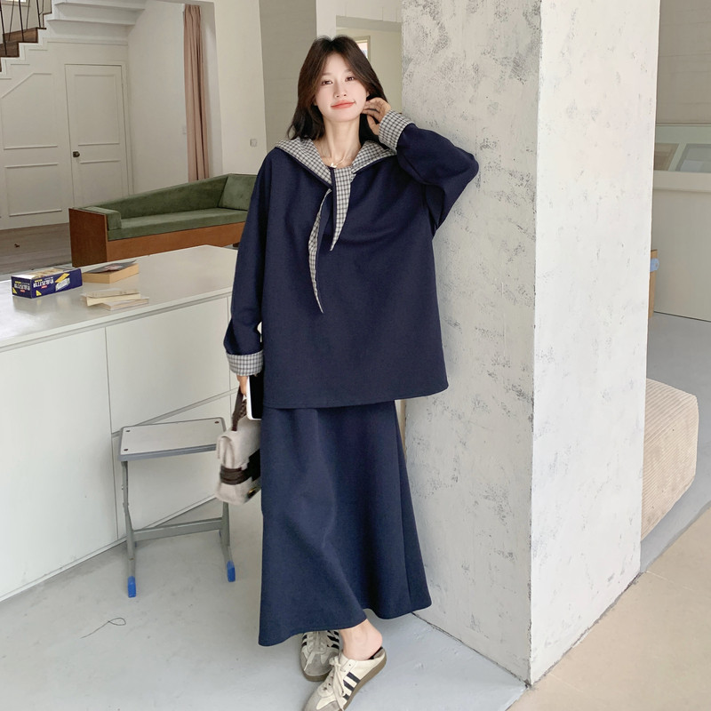 藏青色格纹拼接卫衣半身裙套装女