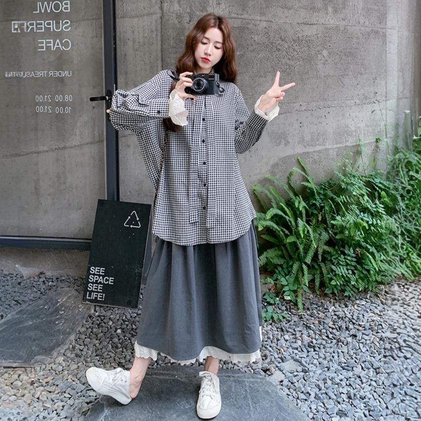 松弛感宽松蕾丝拼接格子衬衫套装裙女春秋装韩系超火半身裙两件套