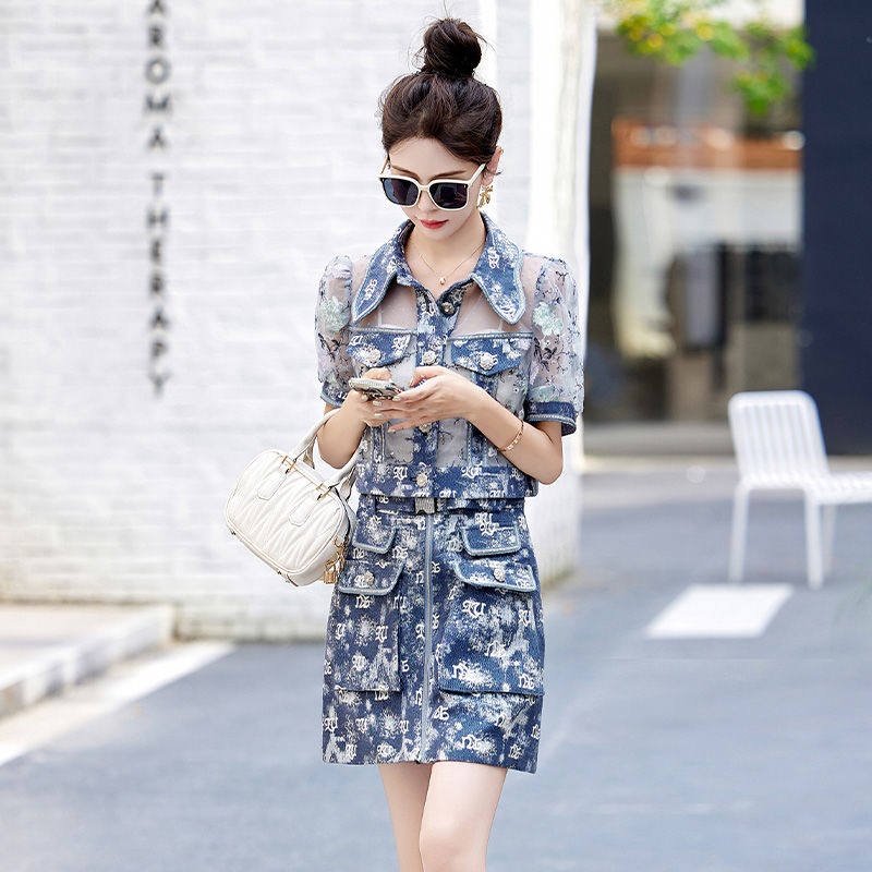 小个子花色牛仔连衣裙女夏2025新款高级感上衣半身裙两件套连衣裙