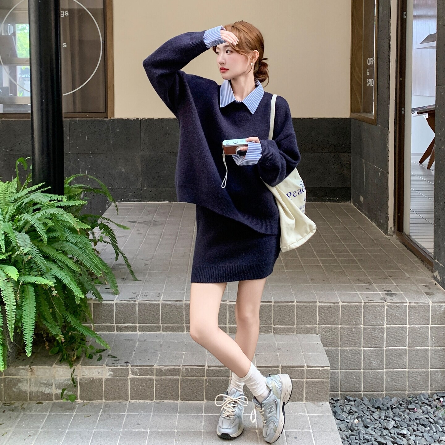 韩系慵懒风穿搭一整套女秋冬季针织拼接翻领显瘦毛衣半身裙两件套