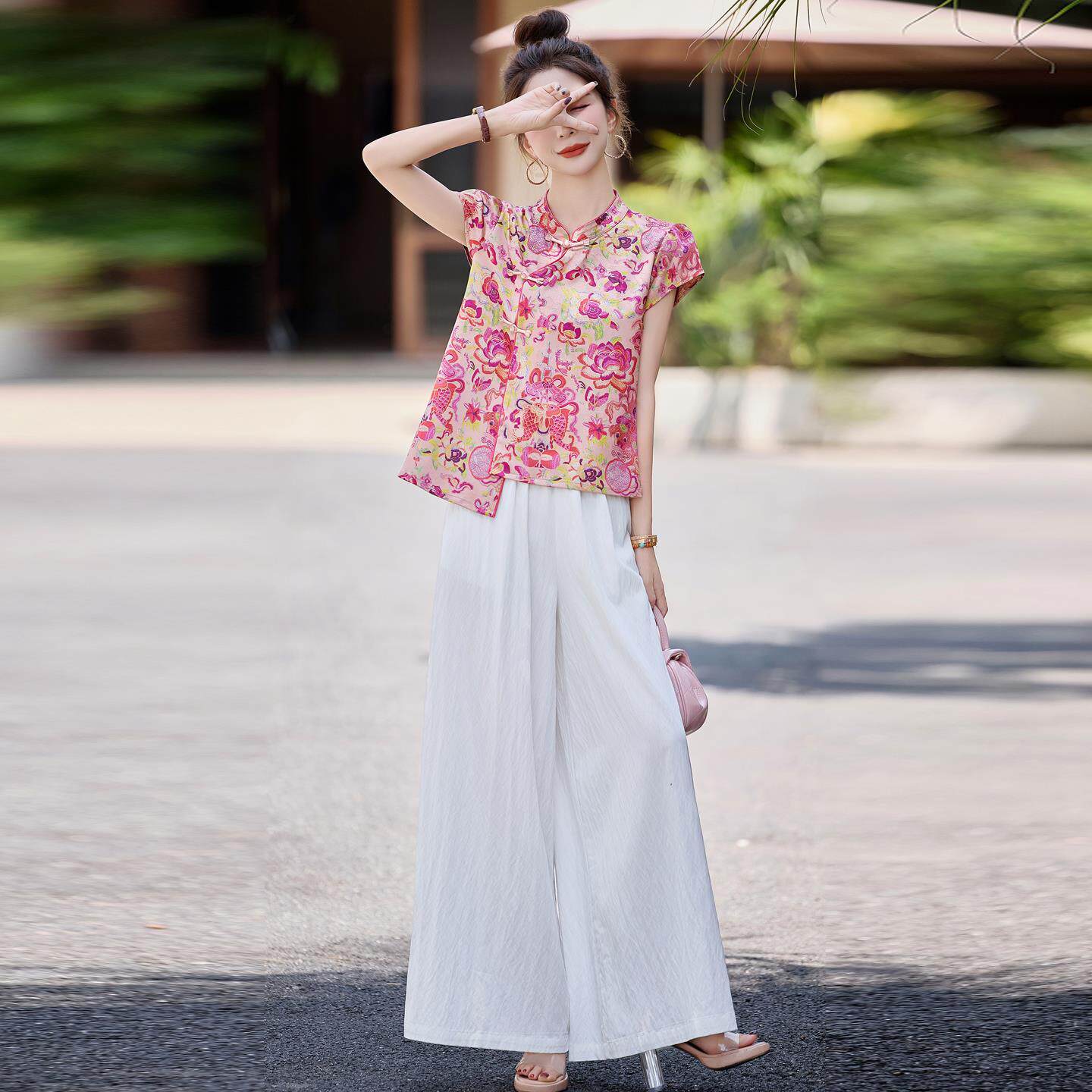 新中式国风套装夏季大方得体一整套气质穿搭盘扣上衣阔腿裤两件套