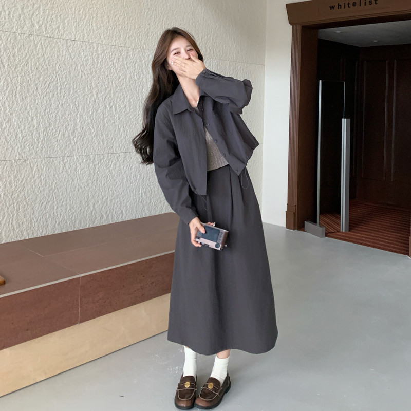 深灰色翻领短外套半身裙套装女秋季新款韩系简约休闲工装风两件套