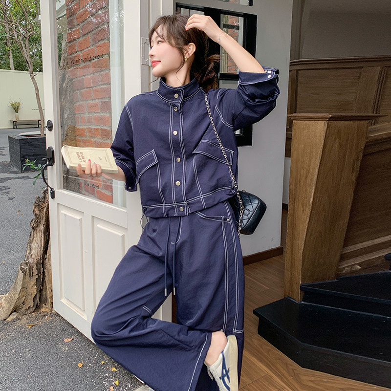 藏青色盐系设计感两件套女装春秋新款时尚复古外套休闲裤套装