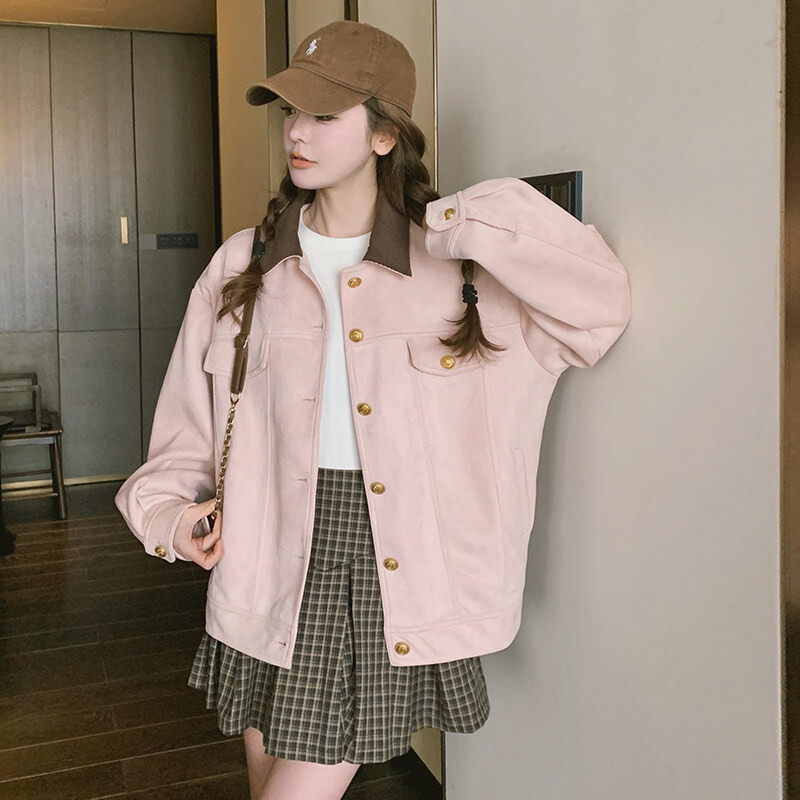 韩系学院风翻领拼接短款外套女