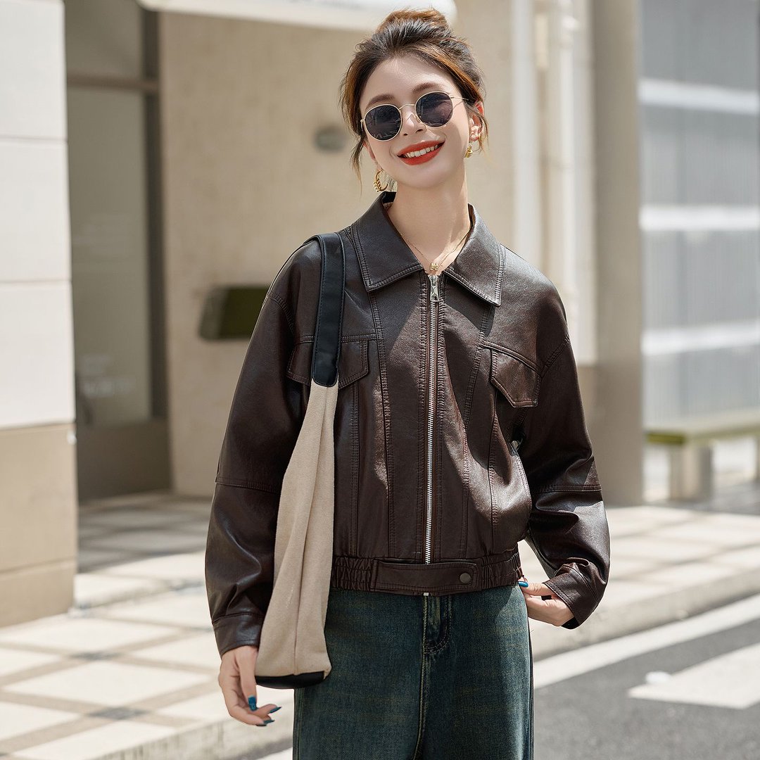 短款皮衣外套女春秋装小个子气质复古休闲翻领PU皮机车服夹克上衣
