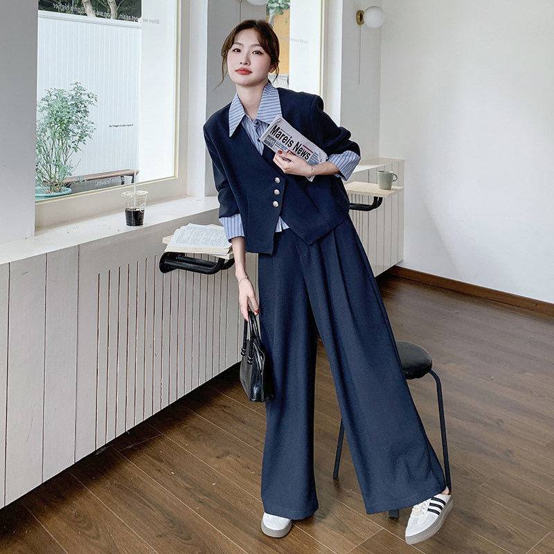 轻职风搭配一整套西装短外套两件套女春秋条纹拼接西服阔腿裤套装
