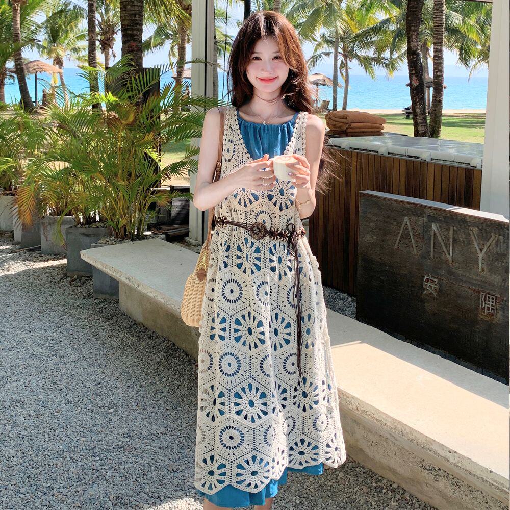 法式针织镂空钩花罩衫复古森系叠穿连衣裙女夏季叠穿吊带裙两件套