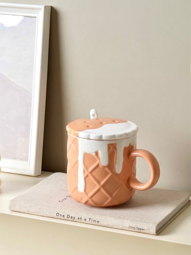 新款创意奶油华夫饼马克杯400ml简约家用有耳复古送勺微瑕@4-2@