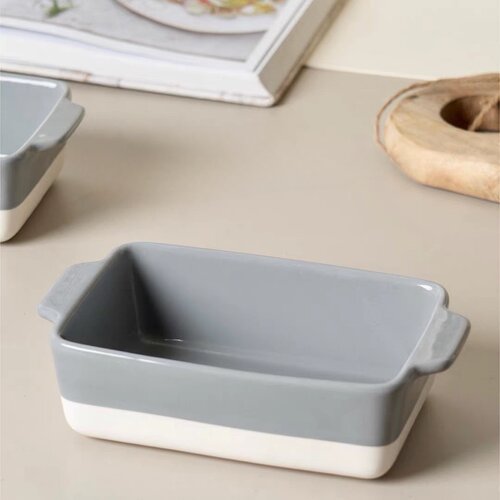 出英国灰白拼接色双耳烤盘18*5cm陶瓷菜盘子点心甜品盘微瑕@4-2@