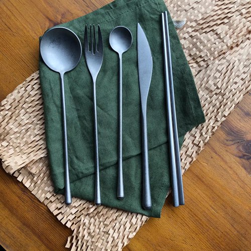 复古雪花银质感哑光不锈钢餐具 牛排刀筷子餐勺饮品勺@4-2@