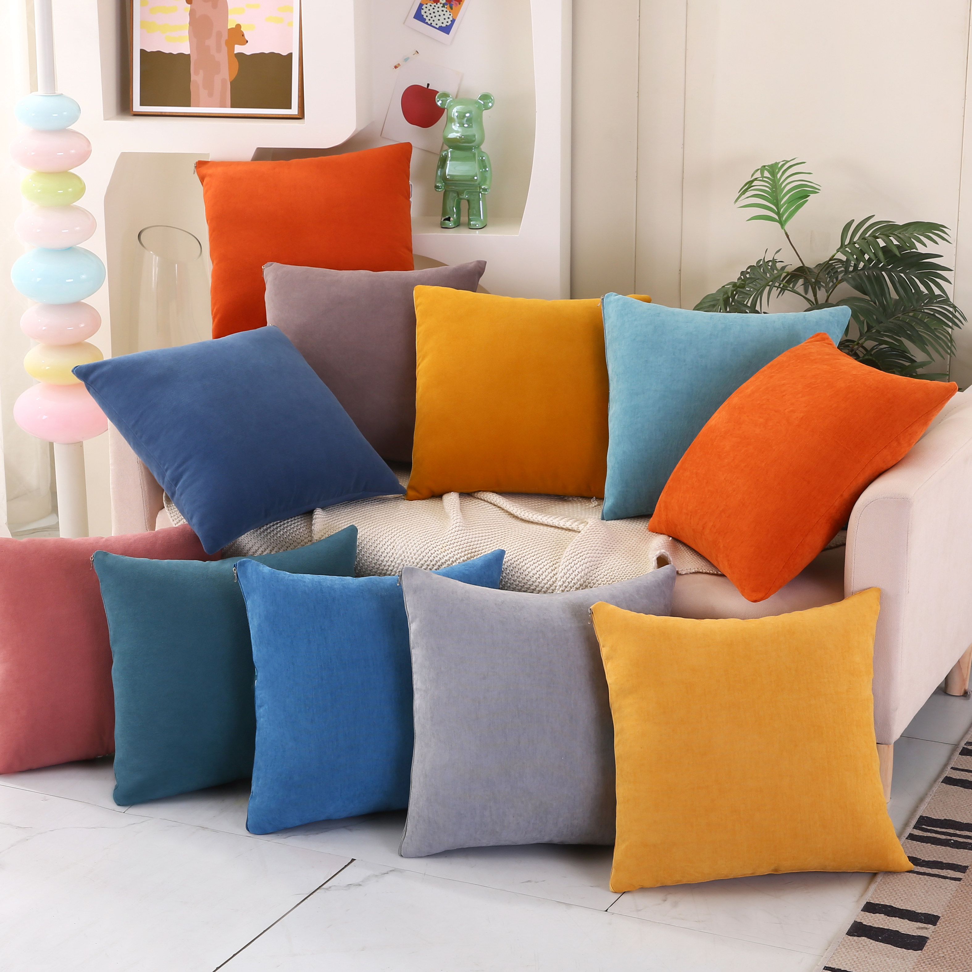 加厚纯色雪尼尔抱枕四季通用客厅沙发卧室腰枕靠靠背抱枕套不含芯