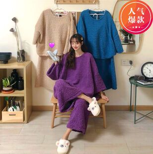 睡衣女春秋可爱套装2022新款宽松加厚羊羔毛上衣裤子家居服两件套