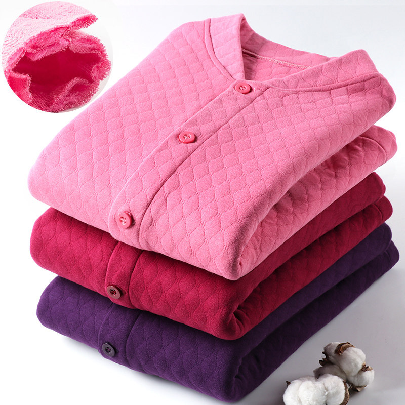 中老年人保暖内衣女士三层夹棉毛衫上衣奶奶秋衣加厚纯棉打底开衫,女士内衣/男士内衣/家居服,保暖套装,淘宝优惠券,粉丝福利购,淘宝优惠卷