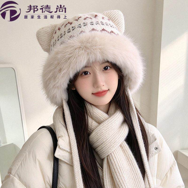 秋冬复古费尔岛提花护耳帽子女可爱猫耳毛绒防寒针织帽保暖雷锋帽
