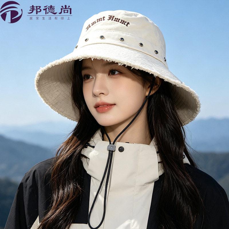 复古铆钉刺绣渔夫帽女毛边大檐盆帽带防风绳户外遮阳帽子防晒帽潮