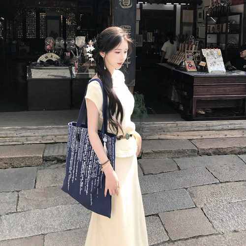 [THEPINKPO|青影]烟雨江南 新中式露单肩荡领棉质半身裙毛边套装
