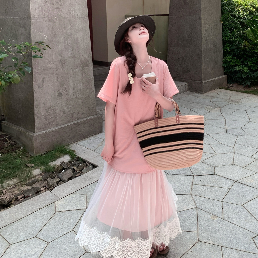盐甜系粉色网纱拼接连衣裙女夏2025新款小众别致漂亮超好看T恤裙,女装连衣裙,浙宝271