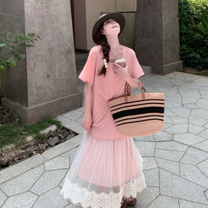 盐甜系粉色网纱拼接连衣裙女夏2025新款小众别致漂亮超好看T恤裙图片