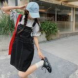 miu系黑色波点背带裙女夏季新款韩系小个子直筒牛仔裙，女装连衣裙，浙宝271