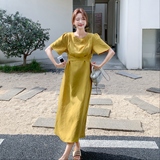 黄色设计感拼接连衣裙女2025夏季新款法式温柔风气质高腰显瘦长裙，商品下架区，浙宝271