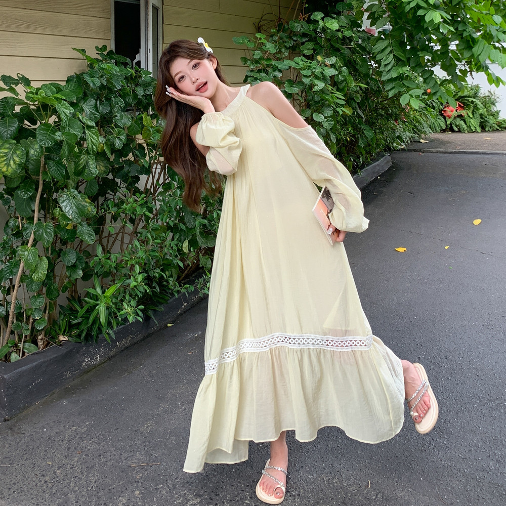 黄色海边度假连衣裙女2025夏季新款法式温柔风气质超好看露肩长裙,女装连衣裙,浙宝271