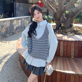 针织条纹马甲蓝色衬衫套装女春秋2025新款小个子学院风减龄两件套，女装套装/套裙，浙宝271