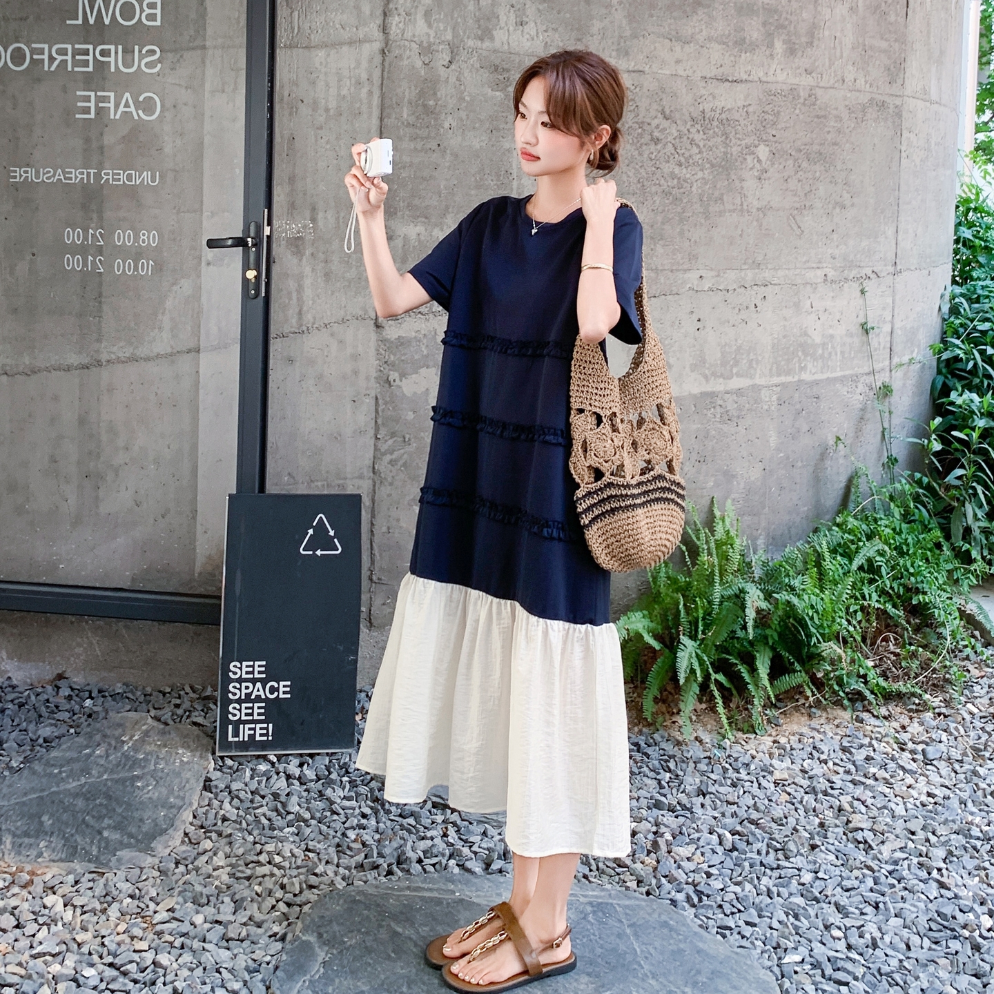 学院风木耳边拼接短袖连衣裙女2025夏季新款韩版宽松小个子T恤裙，女装连衣裙，浙宝271