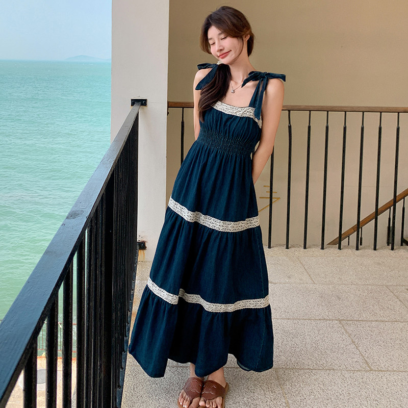法式气质赫本风吊带连衣裙女2025夏季新款韩版收腰显瘦撞色长裙子,女装连衣裙,浙宝271