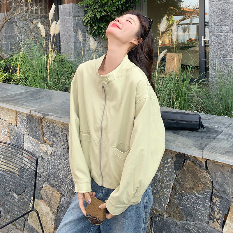 黄色立领皮衣外套女2025春季新款今年流行小个子宽松休闲机车夹克图片