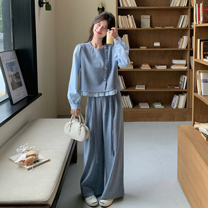 时尚休闲ootd穿搭一整套套装女2025春新款假两件上衣阔腿裤两件套图片
