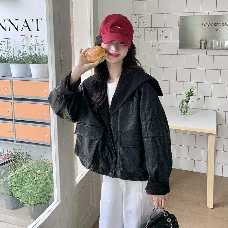 新品现货休闲酷飒海军领黑色皮衣外套271-8125P155K218,女装短外套,浙宝271