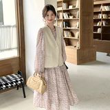 设计感浅黄色V领马甲碎花连衣裙2025新款春季绝美百搭，女装连衣裙，浙宝271