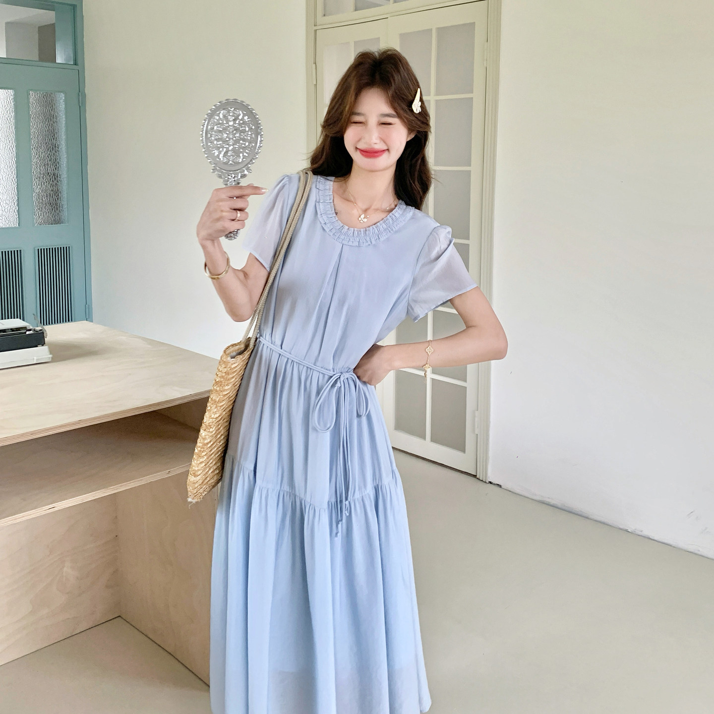 现货2C369-6301P145K228新款淡蓝色连衣裙前后两面穿,女装连衣裙,浙宝271