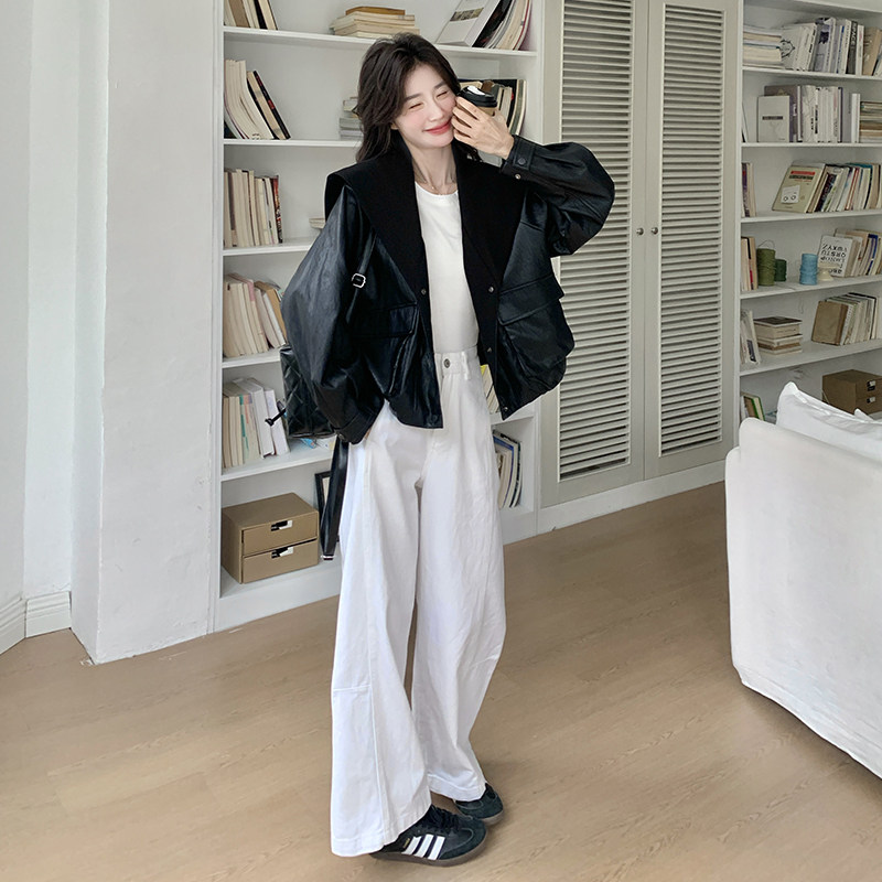 新品现货休闲酷飒海军领黑色皮衣外套271-8125P155K218,女装短外套,浙宝271