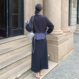 温柔假两件条纹拼接上衣半身裙套装女2025秋季慵懒减龄淡人一整套图片