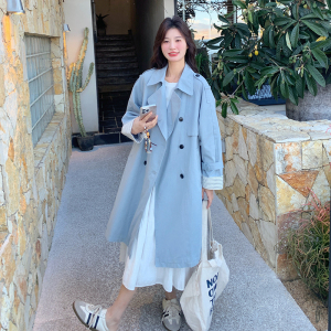蓝色英伦风衣外套女高级感2025春季新款小个子气质系带中长款大衣图片