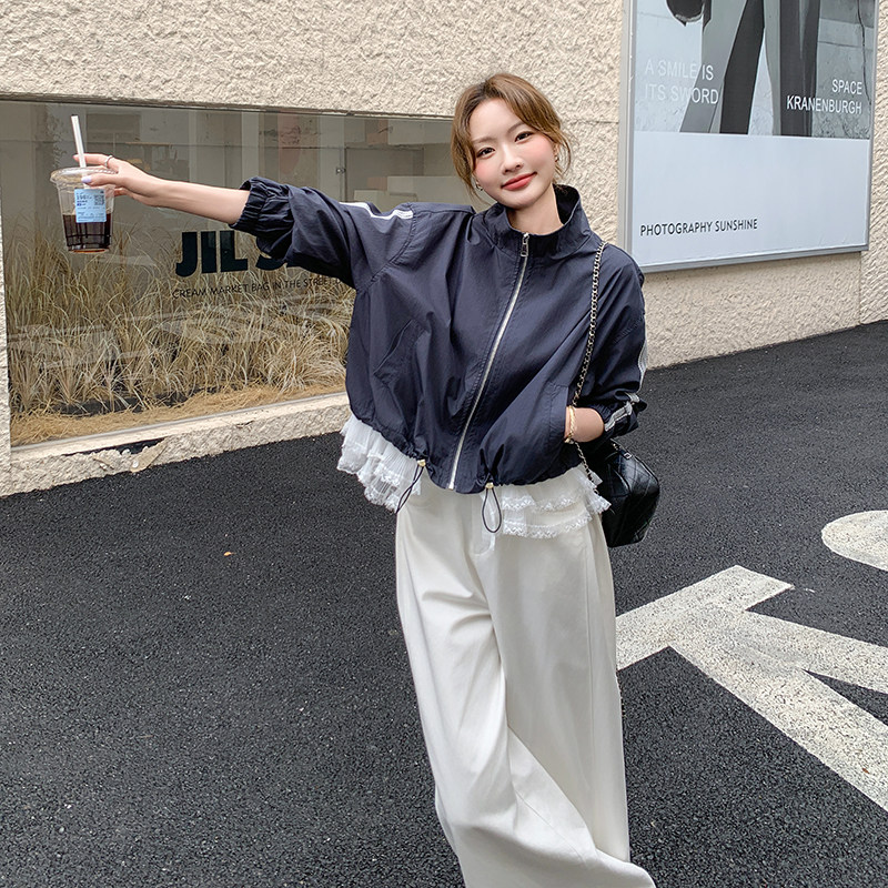 蕾丝花边拼接外套女2025年春季新款小个子休闲运动撞色条纹夹克潮,女装短外套,浙宝271