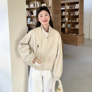 米白色高品质蛋白皮衣外套女2025春秋新款韩版洋气立领pu夹克上衣图片