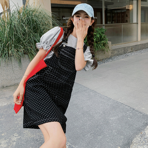 miu系黑色波点背带裙女夏季新款韩系小个子直筒牛仔裙