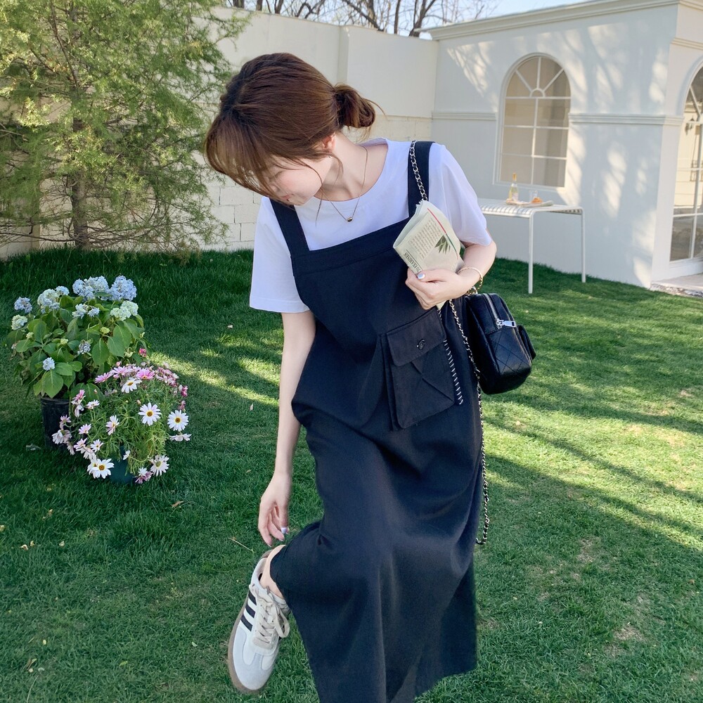 学院风减龄背带连衣裙女2025夏季新款韩系宽松休闲短袖T恤两件套图片