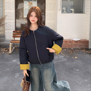藏青色羽绒服外套女冬季新款韩系小个子宽松加厚90白鸭绒棒球服图片