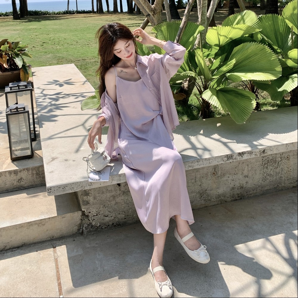 浅紫色轻薄衬衫吊带连衣裙套装女夏2025新款长裙法式气质减龄爆款，女装套装/套裙，浙宝271