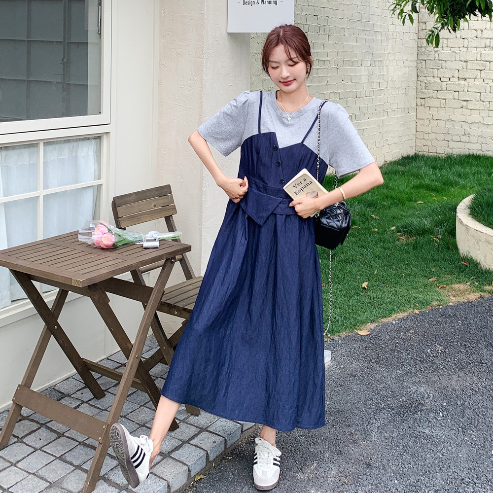 设计感撞色拼接假两件牛仔连衣裙女2025年夏季新款韩系学院风长裙,女装连衣裙,浙宝271