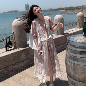 小清新刺繡蕾絲罩衫疊穿粉色連衣裙女夏法式甜美長裙圖片
