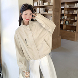 米白色高品质蛋白皮衣外套女2025秋秋新款韩版洋气立领pu夹克上衣，女装短外套，浙宝271