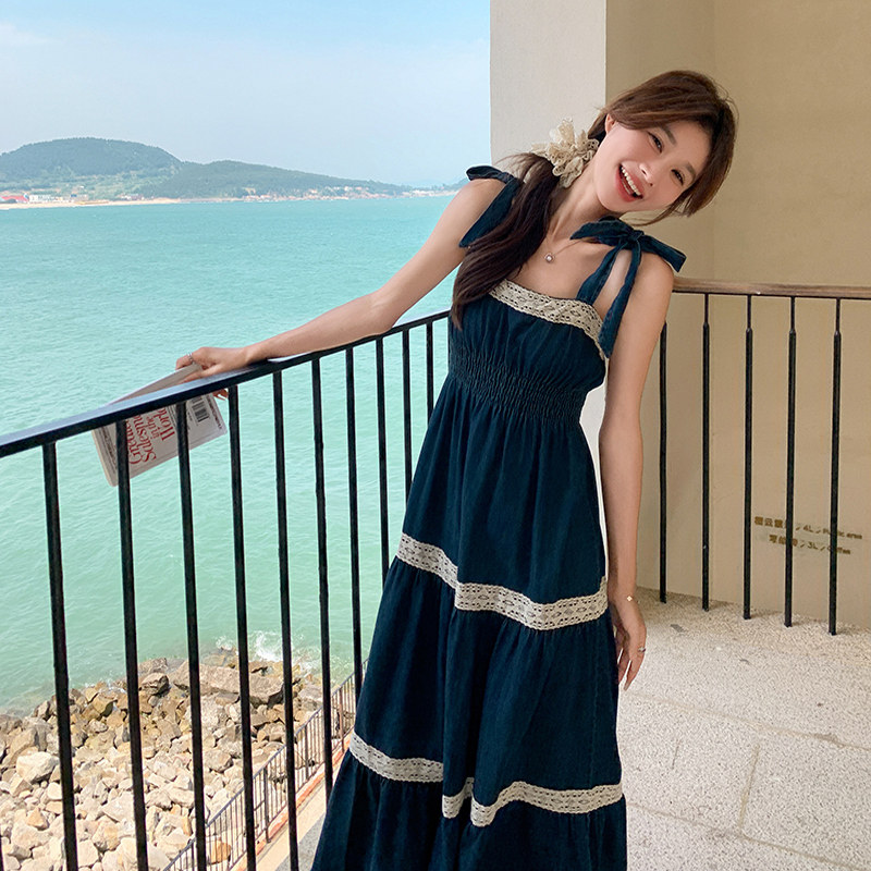 法式气质赫本风吊带连衣裙女2025夏季新款韩版收腰显瘦撞色长裙子,女装连衣裙,浙宝271