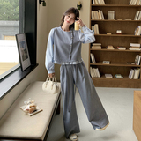 时尚休闲ootd穿搭一整套套装女2025春新款假两件上衣阔腿裤两件套，女装套装/套裙，浙宝271