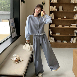 时尚休闲ootd穿搭一整套套装女2025春新款假两件上衣阔腿裤两件套图片